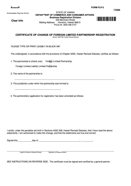 Fillable Form Flp-2 - Certificate Of Change Of Foreign Limited Partnership Regsitration Printable pdf