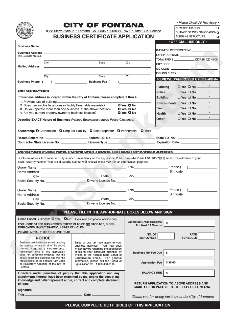 Business Certificate Application Form - City Of Fontana