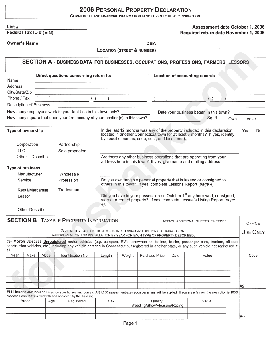 Personal Property Declaration Form