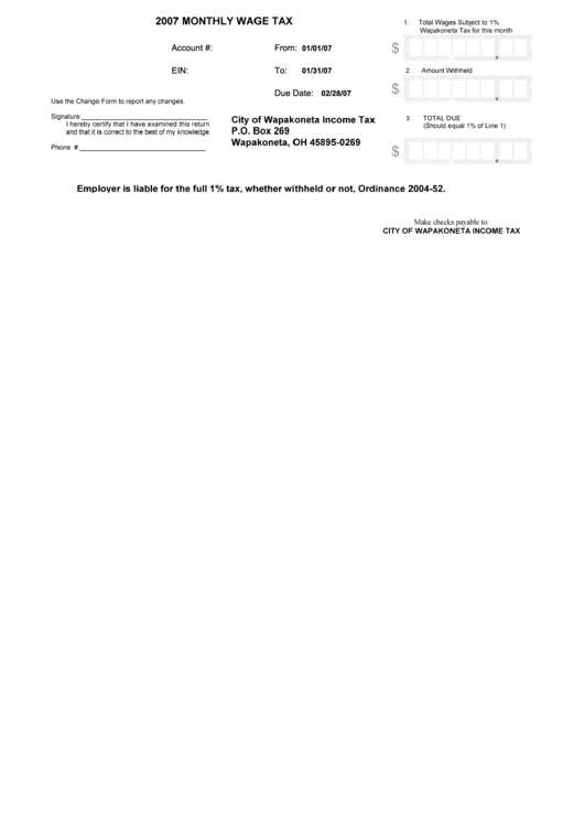2007 Monthly Wage Tax Form - City Of Wapakoneta Printable pdf