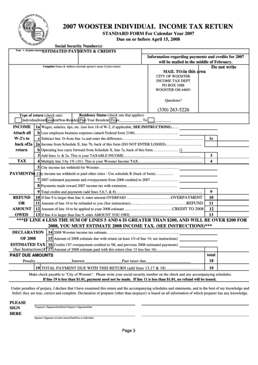 Individual Income Tax Return - City Of Wooster - 2007 Printable pdf
