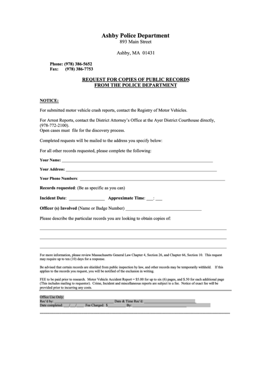 Request Form For Copies Of Public Records - Ashby Police Department Printable pdf
