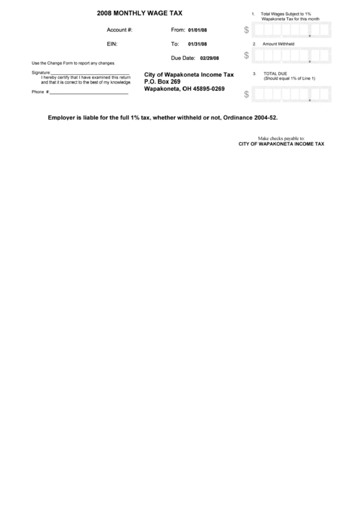 2008 Monthly Wage Tax Form - City Of Wapakoneta Printable pdf