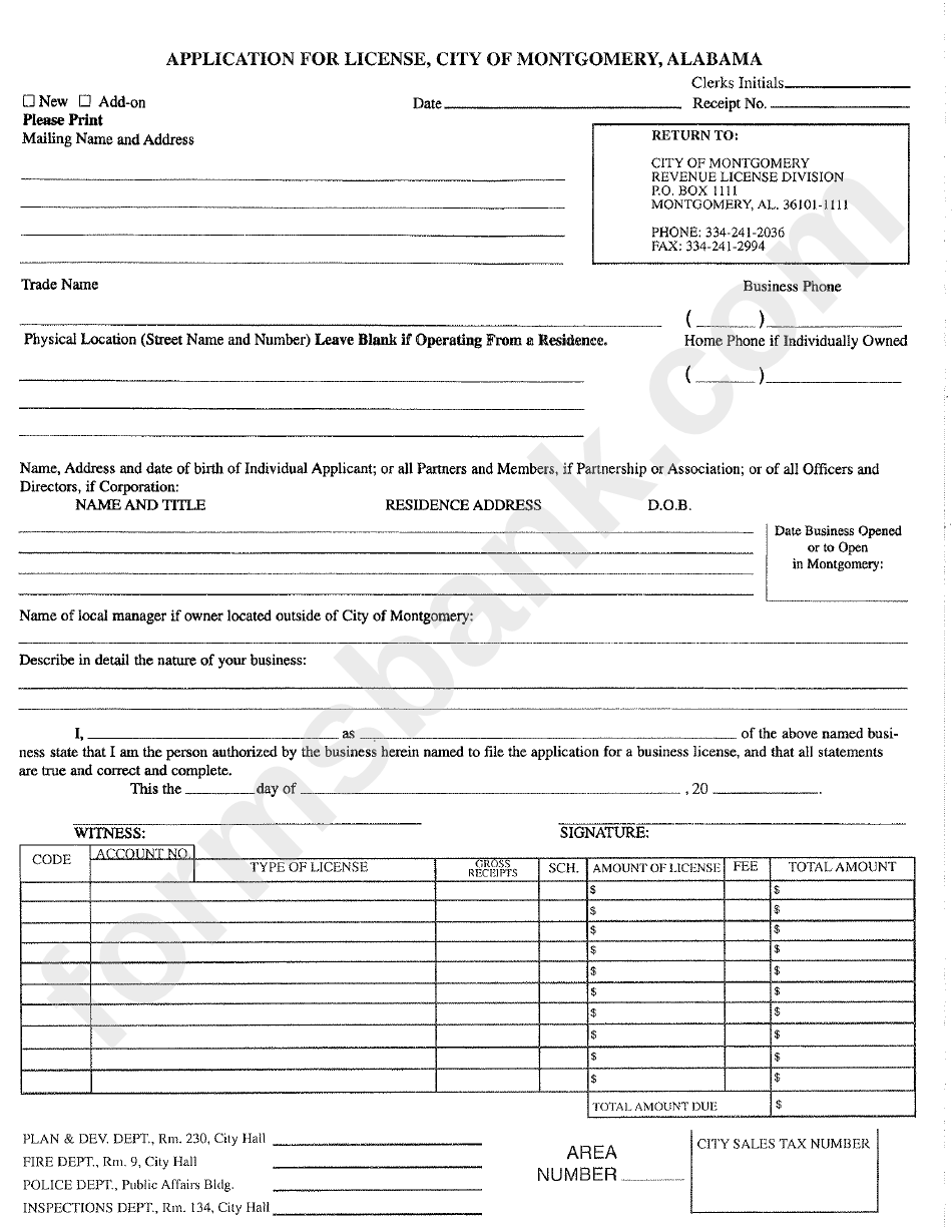 Application For License Form - City Of Montgomery