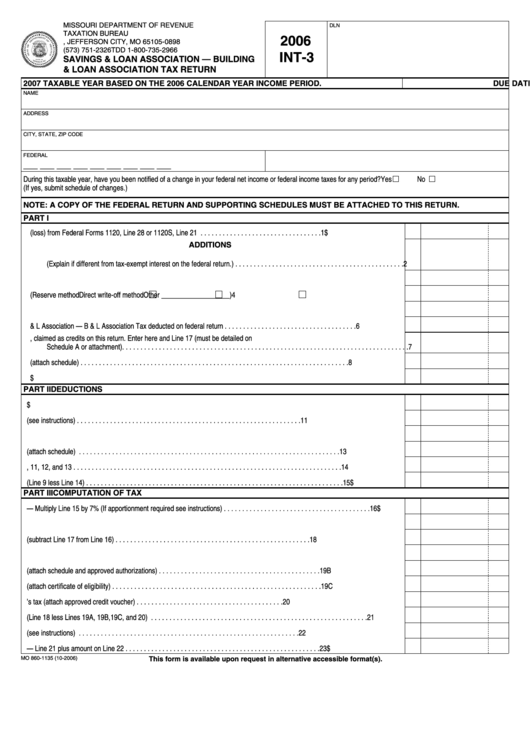 Fillable Form Int-3 - Savings & Loan Association - Building & Loan Association Tax Return - 2006 Printable pdf