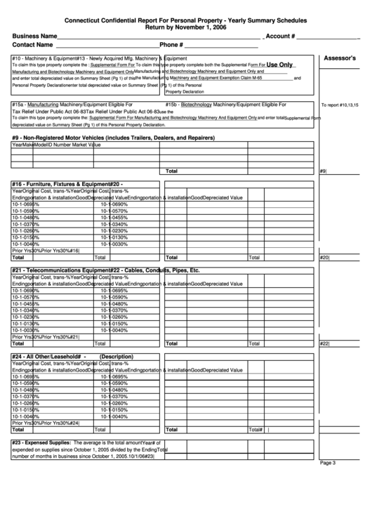 Connecticut Confidential Report For Personal Property Form - Yearly Summary Schedules - 2006 Printable pdf