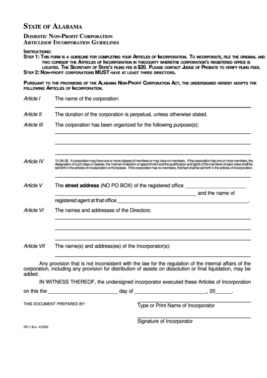 Form Np-1 - Domestic Non-Profit Corporation Articles Of Incorporation Guidelines Printable pdf