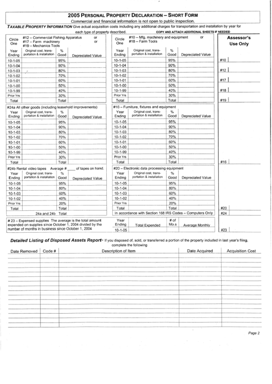 2005 Personal Property Declaration - Short Form - Greenwich Printable pdf