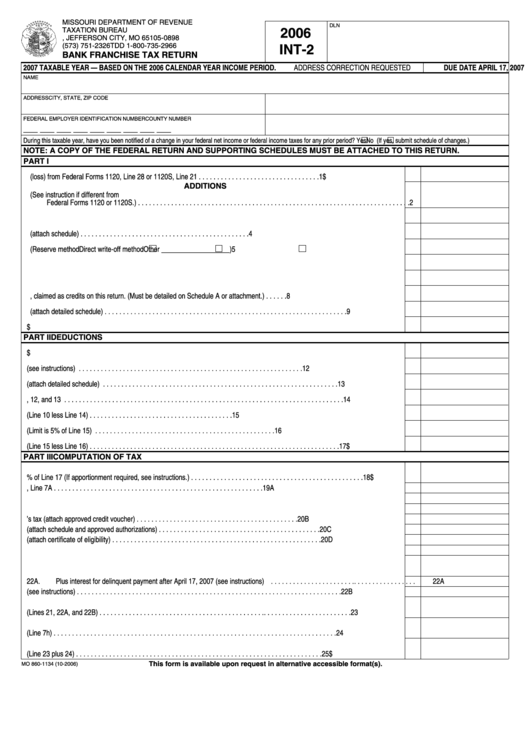 Fillable Form Int-2 - Bank Franchise Tax Return - 2006 Printable pdf