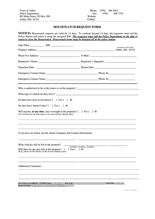 Housewatch Request Form - Town Of Ashby Police Department Printable pdf