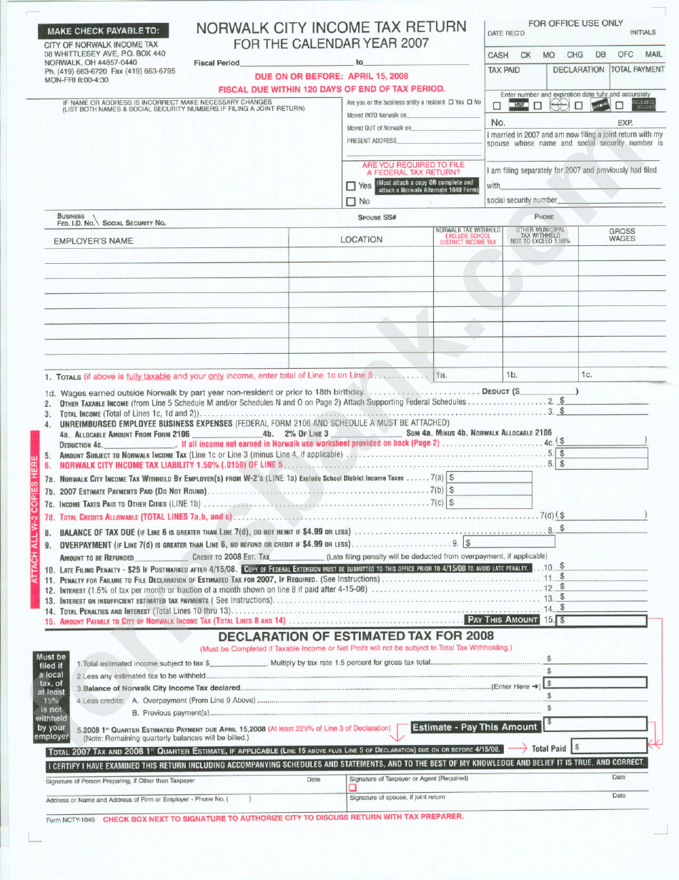 Norwalk City Income Tax Return Form 2007