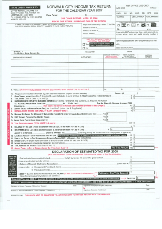 Norwalk City Income Tax Return Form 2007 Printable pdf