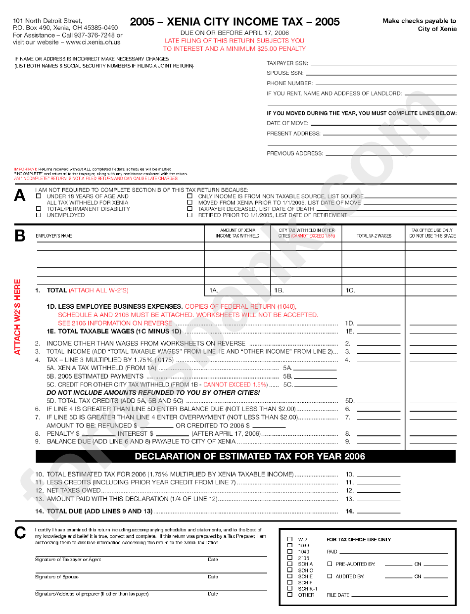 2005 - Xenia City Income Tax Form