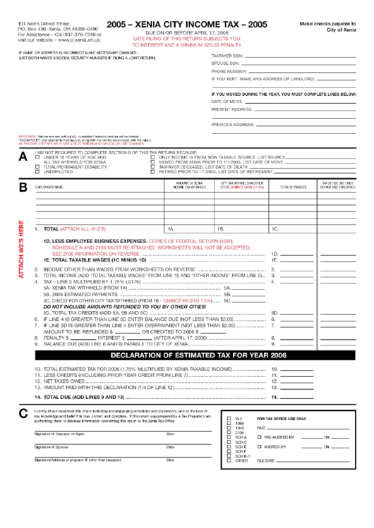 2005 - Xenia City Income Tax Form Printable pdf