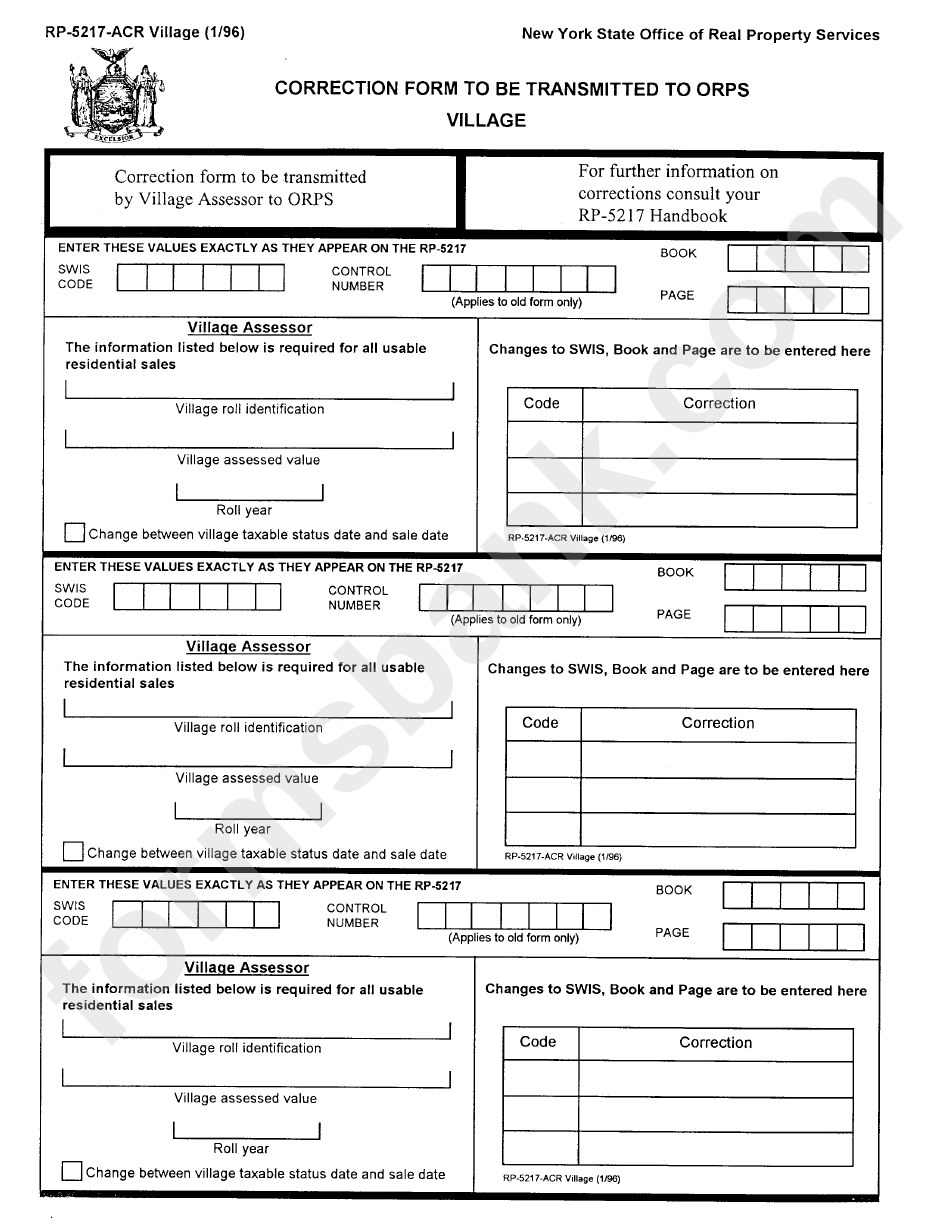 Form Rp-5217-Acr - Correction Form To Be Transmitted To Orps Village