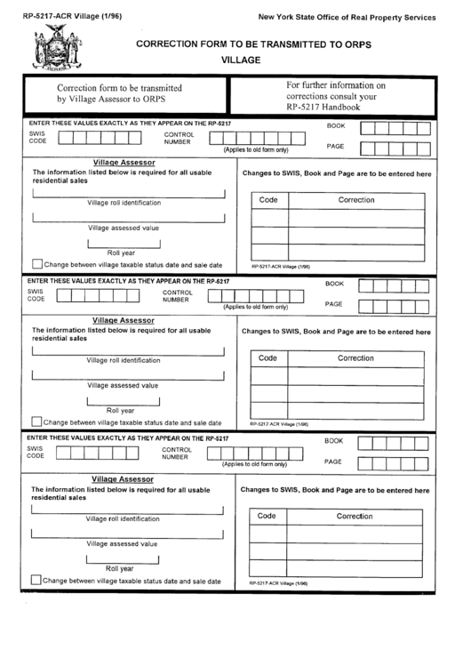 Form Rp-5217-Acr - Correction Form To Be Transmitted To Orps Village Printable pdf