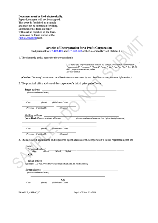 Articles Of Incorporation For A Profit Corporation Form Printable pdf