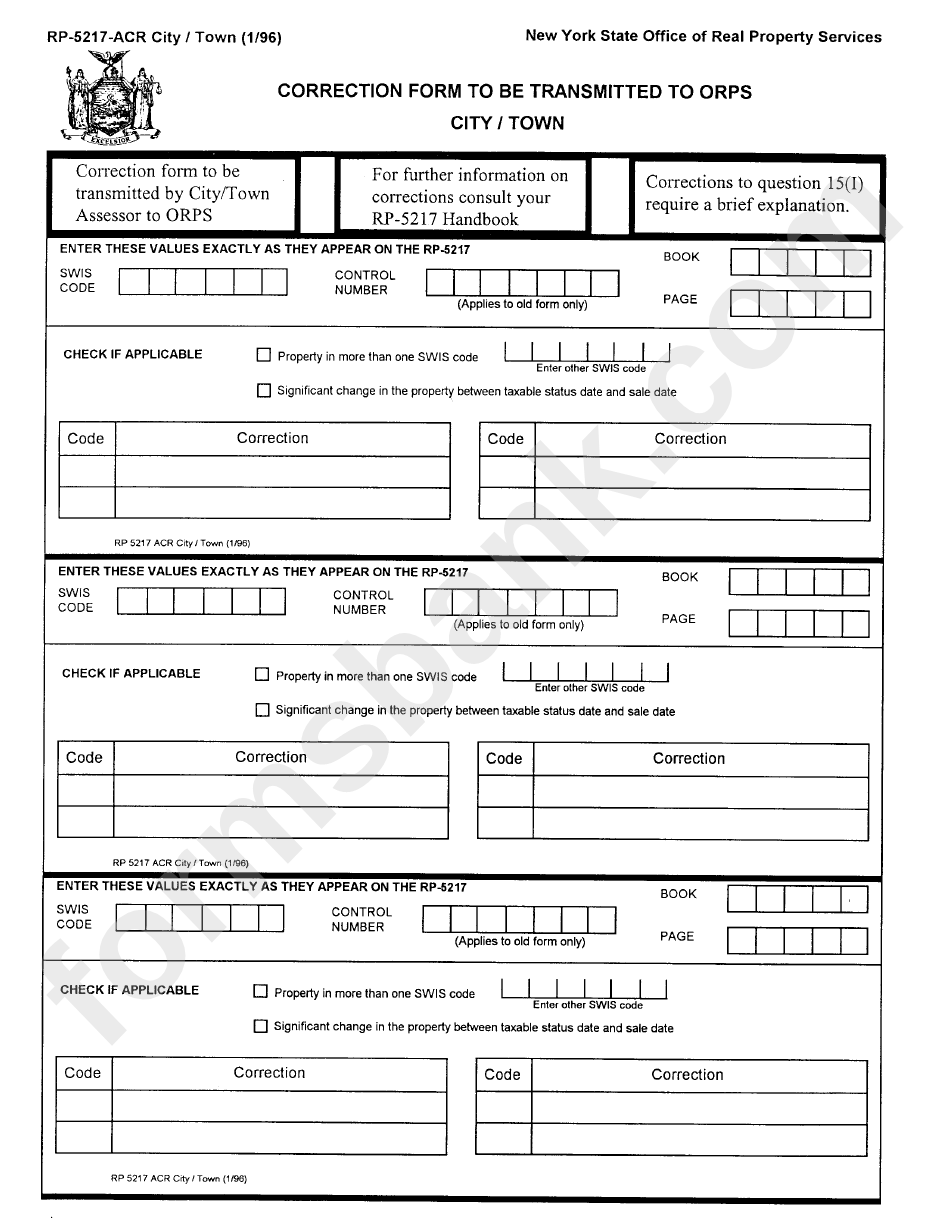 Form Rp-5217-Acr - Correction Form To Be Transmitted To Orps City/ Town