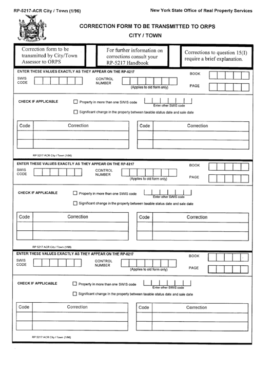 Form Rp-5217-Acr - Correction Form To Be Transmitted To Orps City/ Town Printable pdf