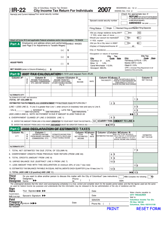 Fillable Form Ir-22 - City Income Tax Return For Individuals - 2007 Printable pdf
