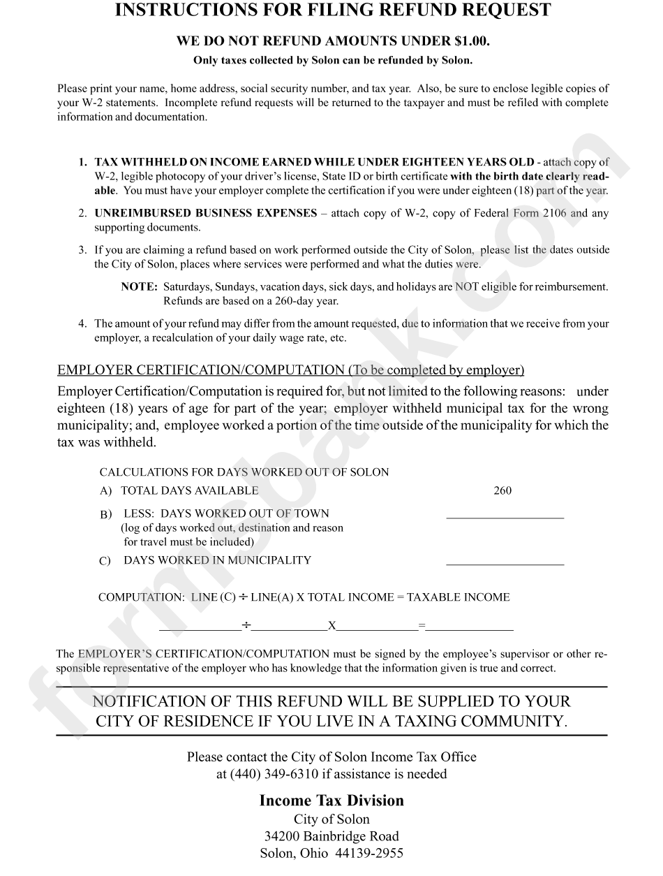 Instruction For Filing Refund Request Form - City Of Solon