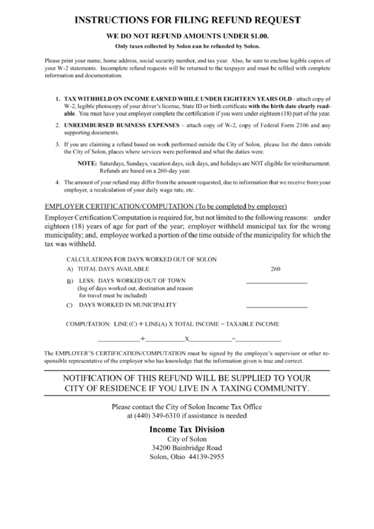 Instruction For Filing Refund Request Form - City Of Solon Printable pdf
