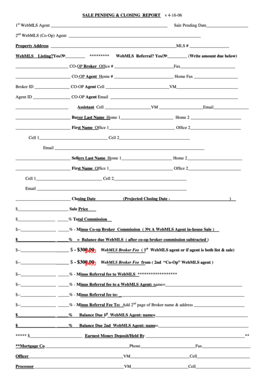 Fillable Sale Pending And Closing Report Form Printable pdf