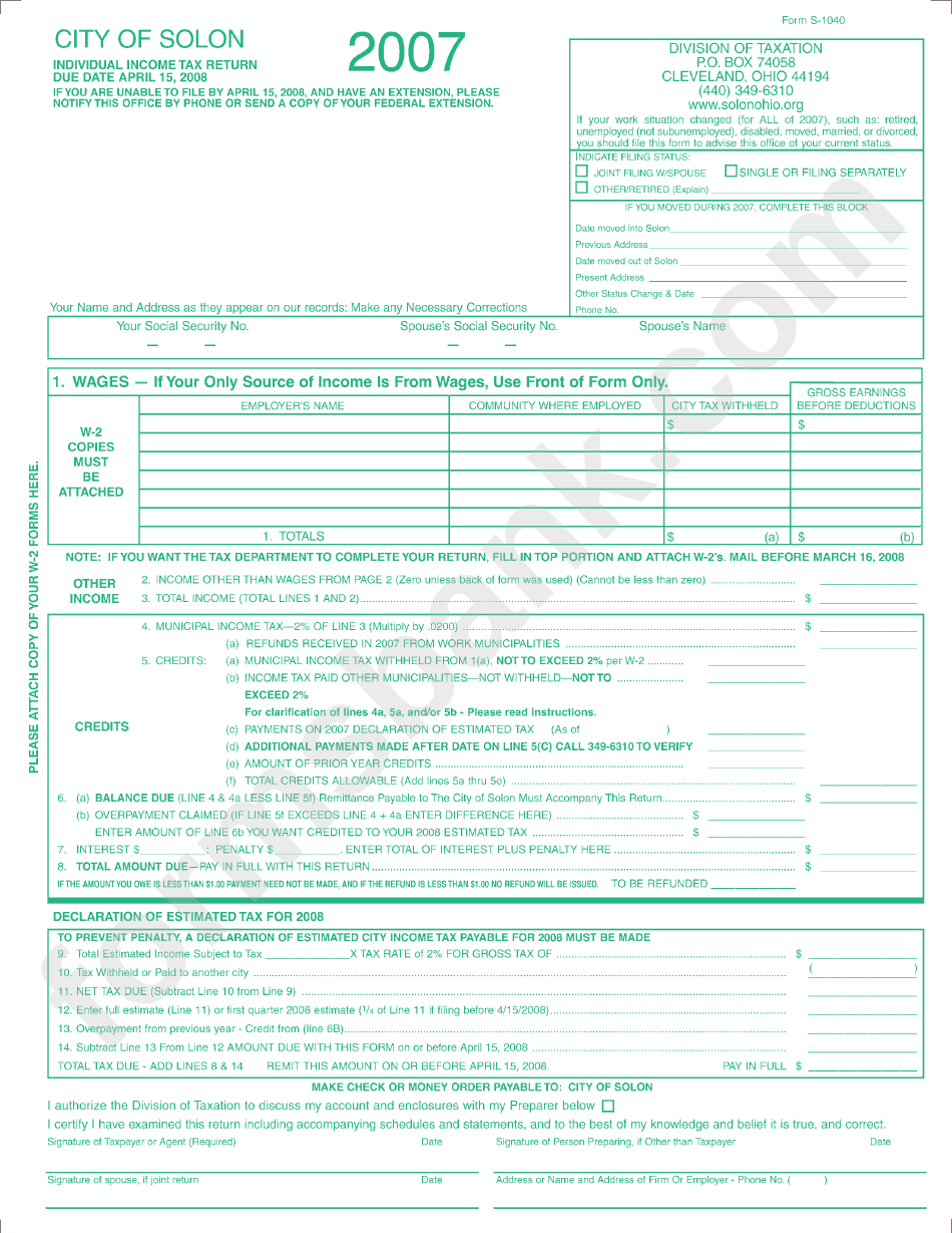 Individual Income Tax Return Form 2007 - City Of Solon