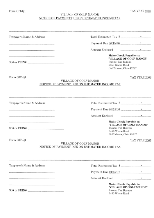 Form Git-Q1 - Notice Of Payment Due On Estimated Income Tax - Village Of Golf Manor Printable pdf