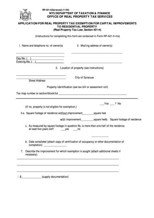 Form Rp-421-H -Application For Real Property Tax Exemption For Capital Improvements To Residential Property - 2004 Printable pdf