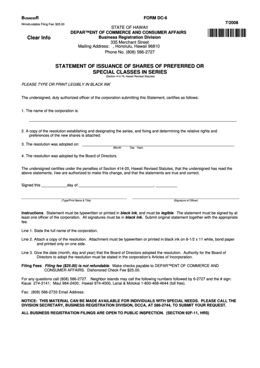 Fillable Form Dc-6 - Statement Of Issuance Of Shares Of Preferred Or Special Classes In Series Printable pdf