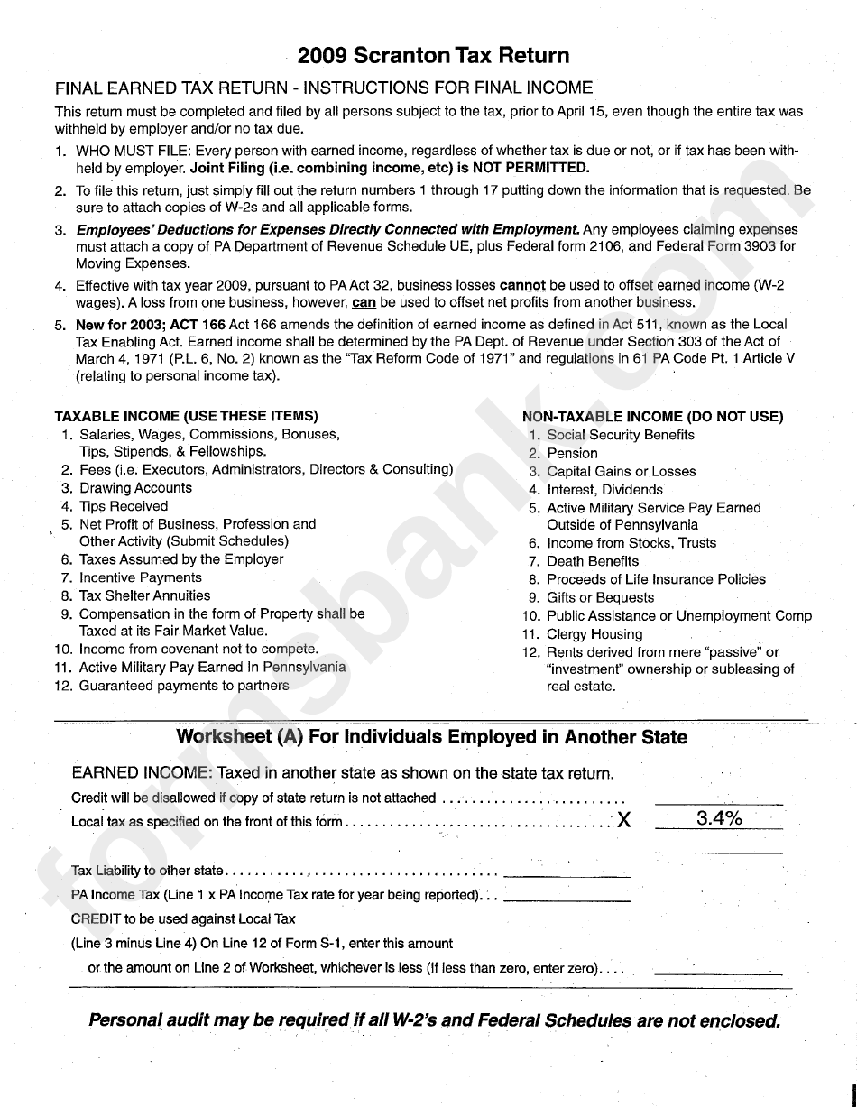 2009 Scranton Tax Return Instructions printable pdf download