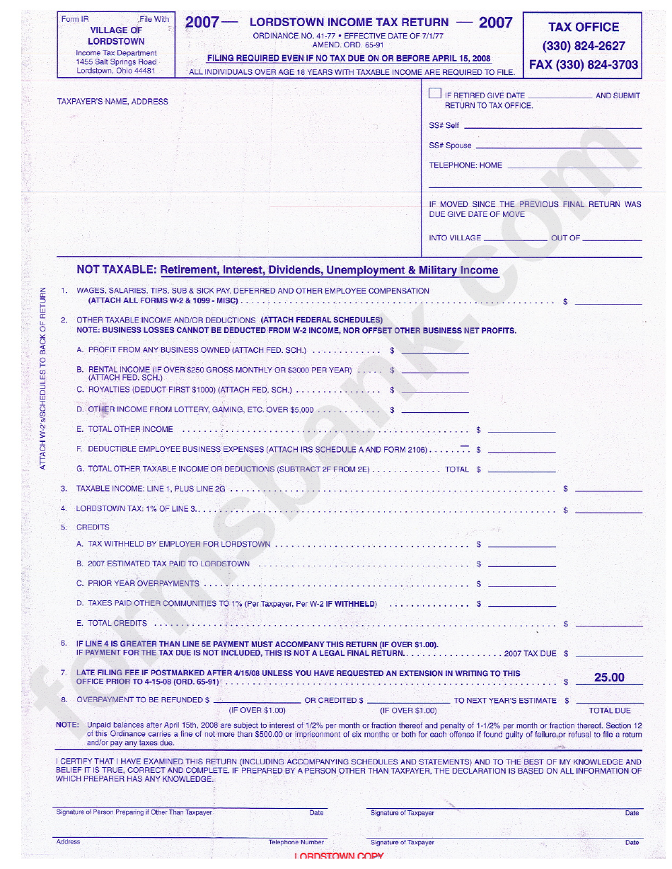 Lordstown Income Tax Return Form - 2007