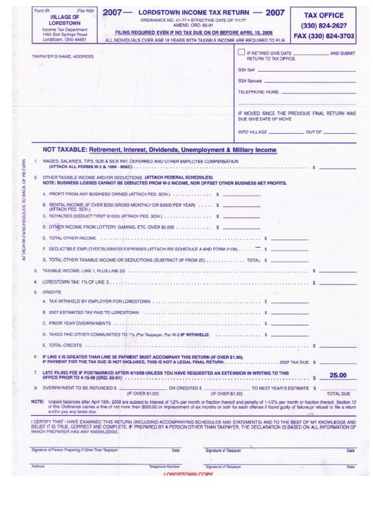 Lordstown Income Tax Return Form - 2007 Printable pdf