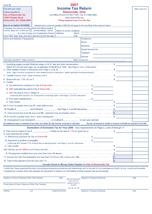 Form Ir - Income Tax Return 2007 - Sharonville Printable pdf