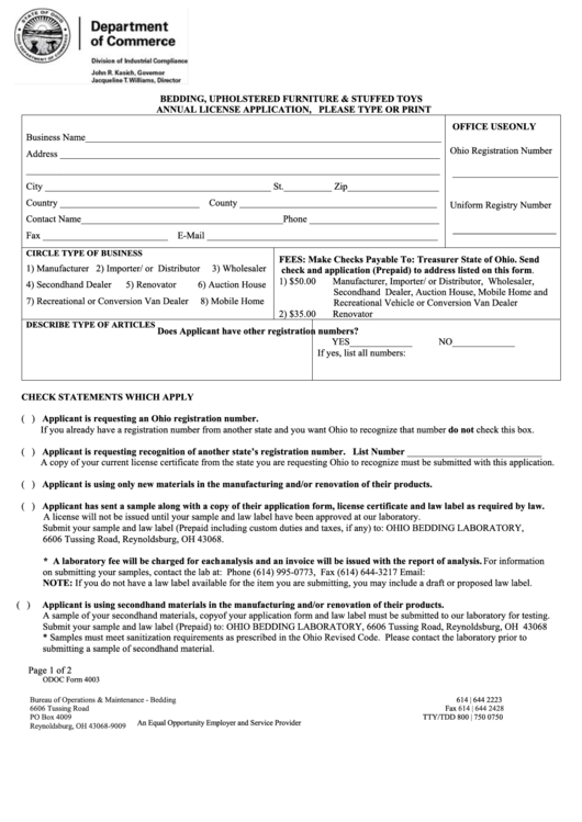 Bedding, Upholstered Furniture & Stuffed Toys Annual License Application Form Printable pdf