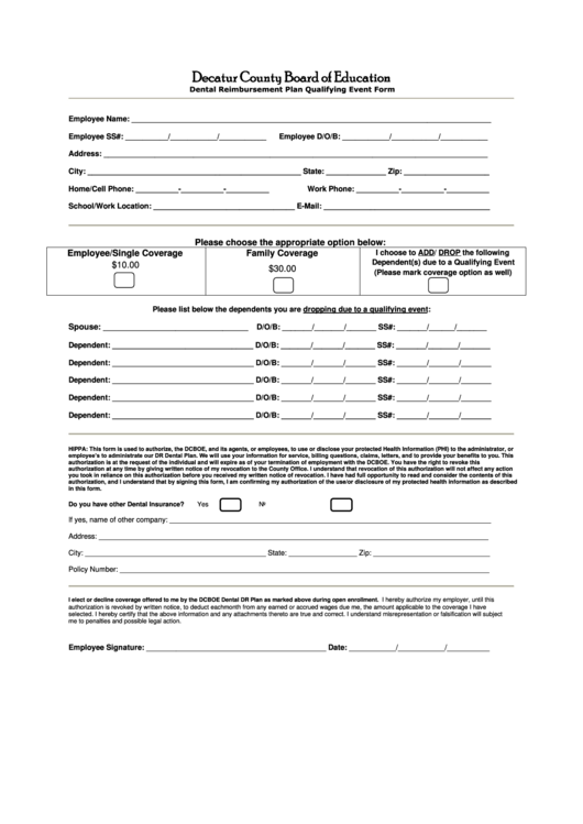 Dental Reimbursement Plan Qualifying Event Form - Decatur County Board Of Education Printable pdf