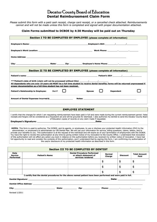 Dental Reimbursement Claim Form - Decatur County Board Of Education Printable pdf