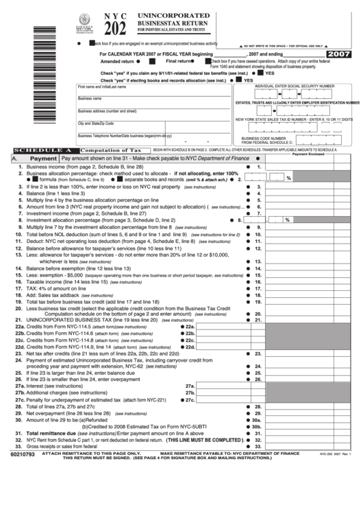 Fillable Form Nyc-202 - Unincorporated Business Tax Return For Individuals, Estates And Trusts - 2007 Printable pdf