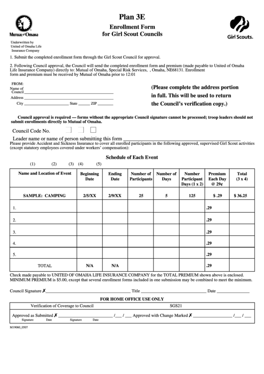 Plan 3e - Enrollment Form For Girl Scout Councils Printable pdf
