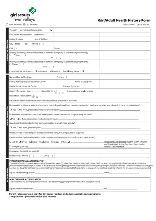 Girl/adult Health History Form Printable pdf