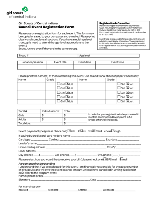 Fillable Girl Scouts Of Central Indiana Council Event Registration Form Printable pdf