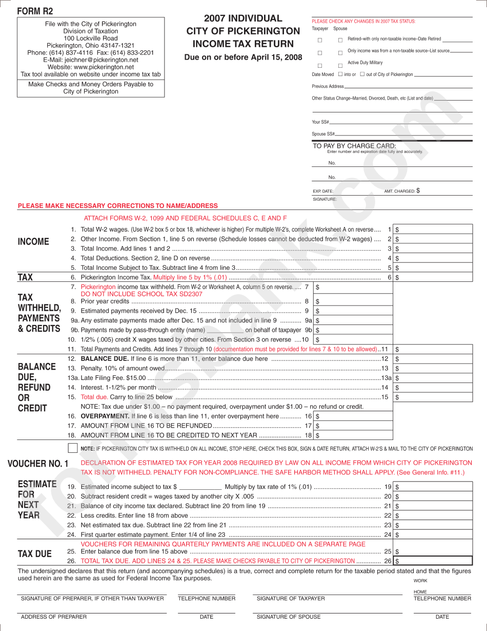 Form R 2 - 2007 Individual Income Tax Return - City Of Pickerington
