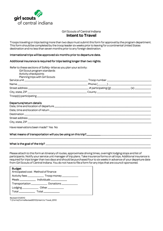 Fillable Girl Scouts Of Central Indiana Intent To Travel Form Printable pdf