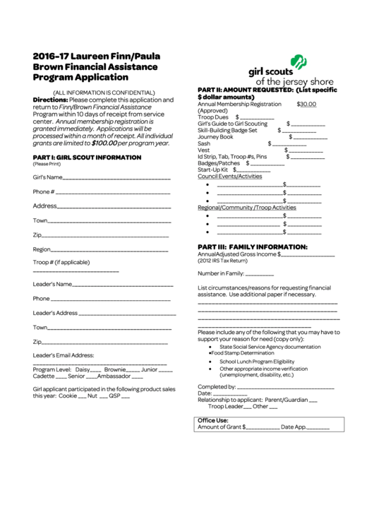 Laureen Finn/paula Brown Financial Assistance Program Application Form - 2016-2017 Printable pdf