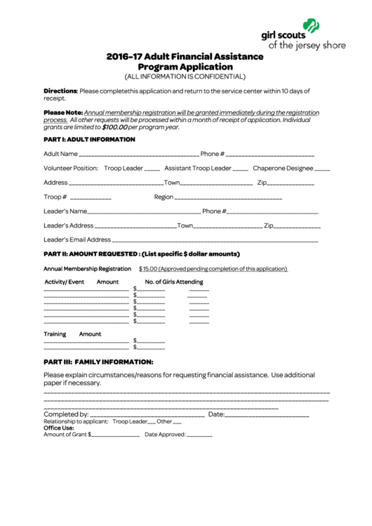Adult Financial Assistance Program Application Form - 2016-2017 Printable pdf