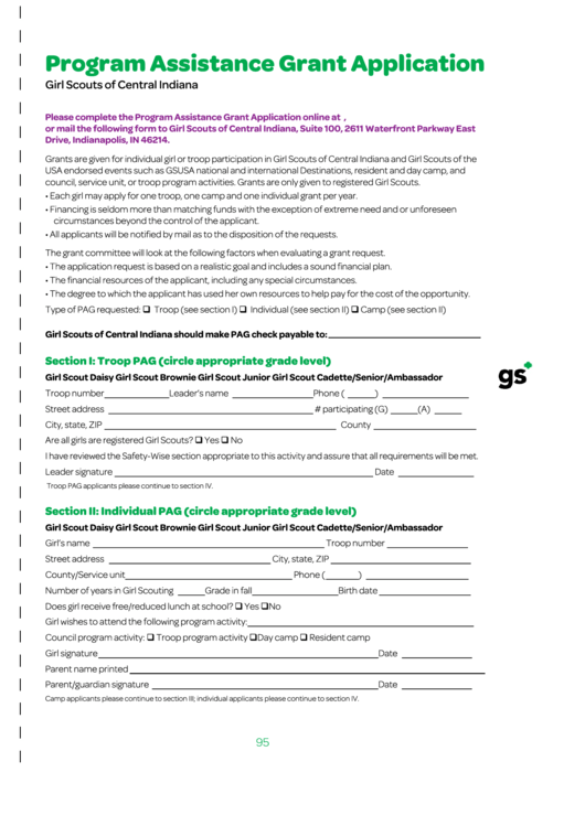 Fillable Program Assistance Grant Application Form - Girl Scouts Of Central Indian Printable pdf