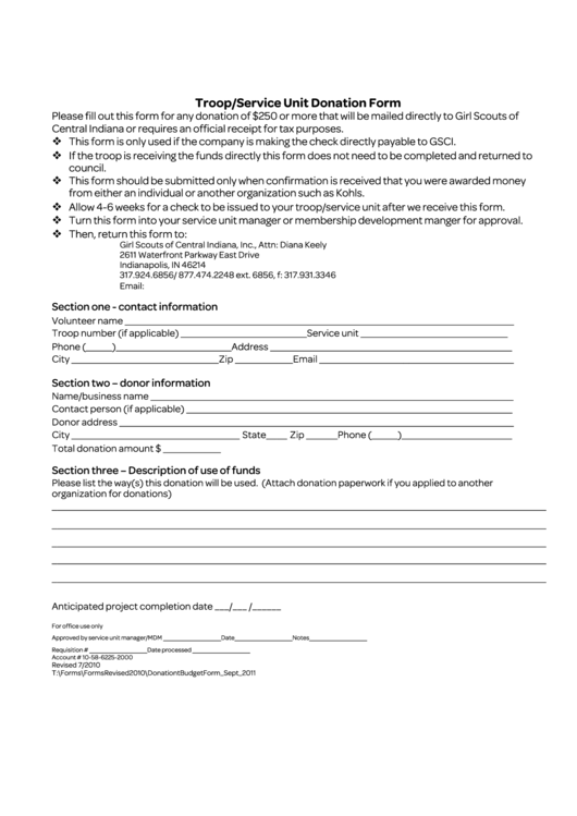 Troop/service Unit Donation Form Printable pdf