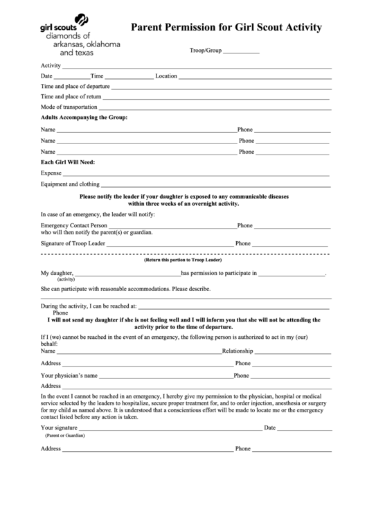Parent Permission For Girl Scout Activity Form Printable pdf