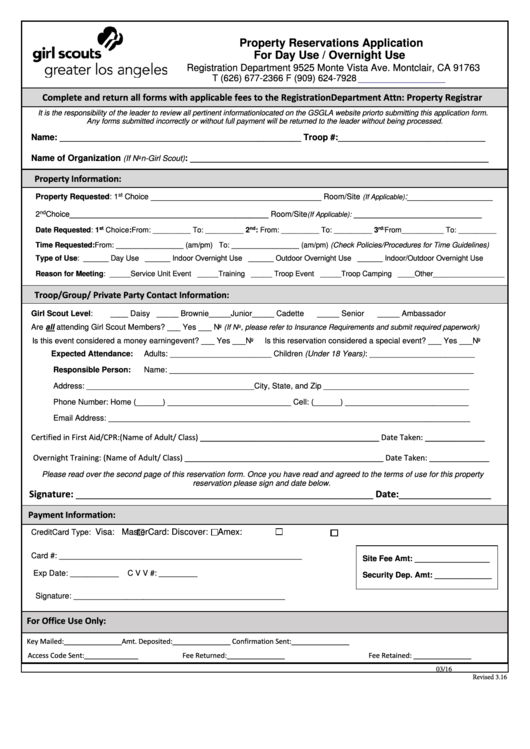 Fillable Property Reservations Application Form Printable pdf